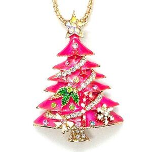 Pink Christmas TREE Pendant Necklace & BROOCH